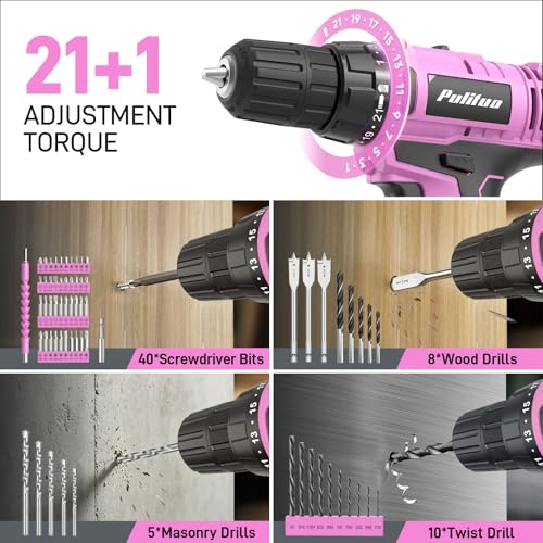 PULITUO Power Drill Tool Kit with 20V Cordless Drill/Driver, Electric Screwdriver, 2 Batteries & Charger, LED Light, 199-Piece Pink Home DIY Tool Set with Toolbox, Drill Set for Women & Men (Pink) - image 6