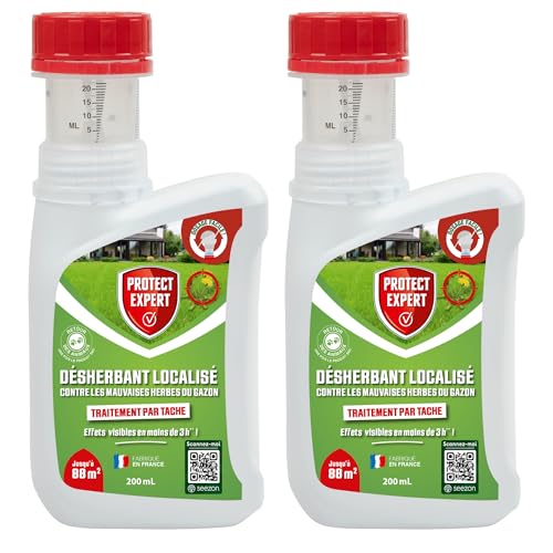 PROTECT EXPERT 2 Désherbants Concentrés Localisés Contre Les Mauvaises Herbes Du Gazon - 2x200ml - Soit 176m² - Non Sélectif - 2 Bidons Doseurs DG200NX2