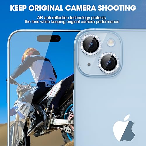 Image of Glass Camera Lens Protector Compatible For Iphone 15 /15 Plus Bling,Individual Metal Diamond Ring 9H Hardness Scratchproof Protector,Stylish Accessories,Case Friendly(Blue Diamond)