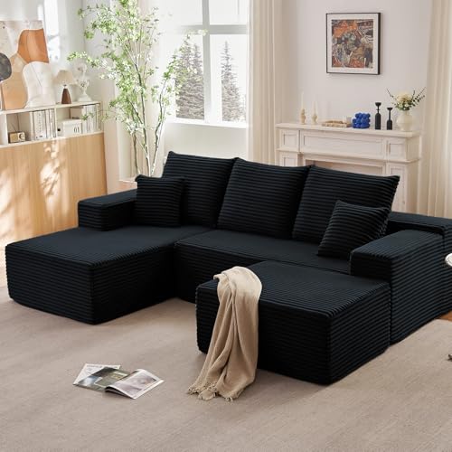 Image of 95 inch W Cloud Sectional Couch with Ottoman,Modern U-Shaped Cloud Couch with Deep Seat,Comfy Corduroy Sofa,Memory Foam Sofa for Living Room,No Assembly (Jet Black,Right-Facing Chaise)