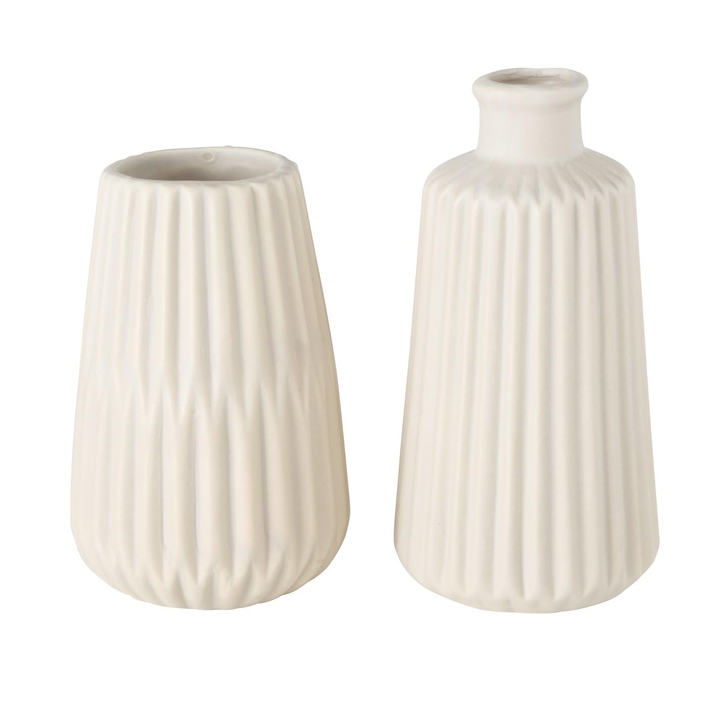 Contemporary Pair of Vases Pleated Porcelain Ceramic Beige Coloured Vase