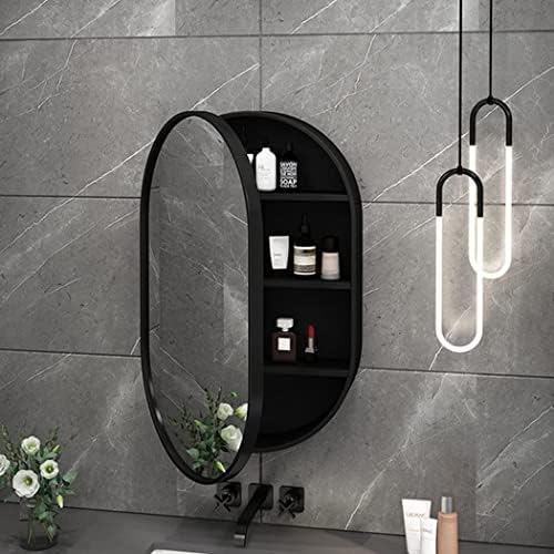 for Bathroom with Mirror, Storage Cabinet, Wall Mounted Mirror Cabinet with LED Lighting, Touch Button, Slow Close Hinge, Oval 19.7 x 31.5 Inch, Gold, Single White Light,Black-Without Light