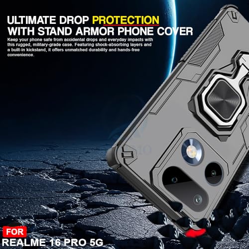 Image of AESTMO Armor Back Cover for Realme 16 Pro 5G | Ring Holder & Kickstand & Camera Protection in-Built | 360 Degree Protection Back Case Cover for Realme 16 Pro 5G (Black)