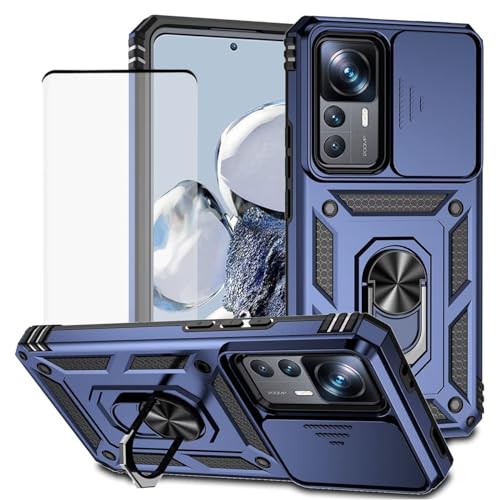 Yodueiv for Xiaomi 12T Pro/12T/Redmi K50 Ultra Case with Tempered Glass Screen Protector and Slide Camera Cover, Magnetic Ring Car Mount Holder Kickstand Protective Cover for Xiaomi 12T Pro Blue