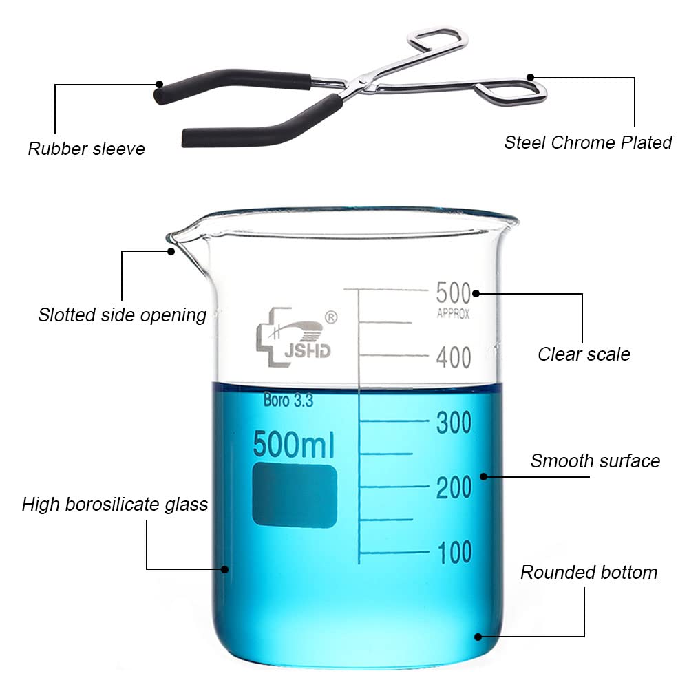 Juego de 6 vasos de medición de vidrio con pinzas de acero cromadas, 50 ml, 100 ml, 250 ml, 500 ml, 1000 ml, vidrio de borosilicato 3.3