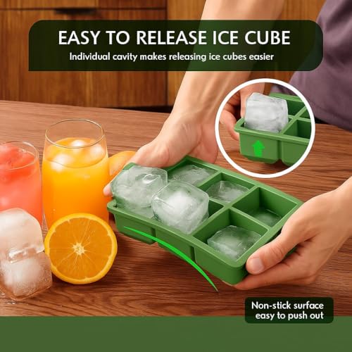 Image of 2PECK Silicone Ice Cube Tray with Lid, Large 6-Cavity Square Ice Cube Moulds for Freezer, Easy Release & Stackable Ice Trays for Whiskey, Cocktails, Beverages, Coffee & Home Bar. (Green)