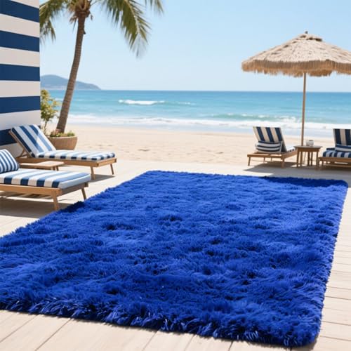 Area Rugs for Bedroom Living Room, 4x6 Soft Large Fluffy Fuzzy Shag Plush Furry Carpet, Soft Indoor Floor Mat for Kids Nursery Home Dorm Office Decor Aesthetic, Blue