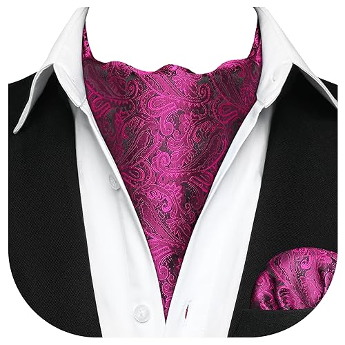 HISDERN Ascot Ties for Men Paisley Floral Ascot and Pocket Square Set Classic Self Tie Mens Hot Pink Cravat Handkerchief for Wedding Prom