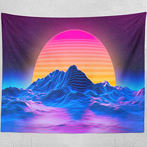 Vaporwave Retro Sonne und Berge, Landschaft Wandteppich Wandkunst zum Aufhängen für Wohnzimmer Schlafzimmer Schlafsaal (129,5 x 147,3 cm, Vaporwave Blue) Cover