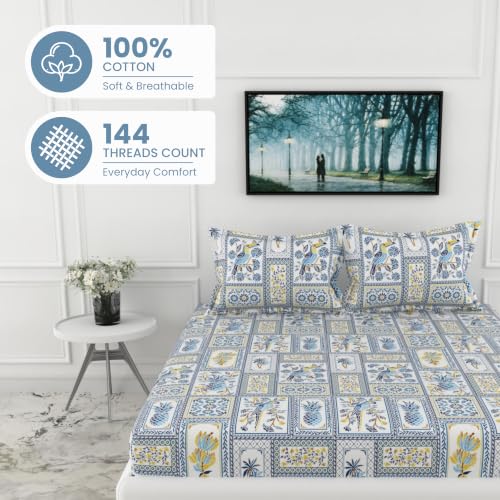 Image of LORETO - A QUALITY LINEN BRAND 144 TC 100% Pure Cotton King Size Fitted Bedsheet with 2 Pillow Covers for 72 x 72 Inch Mattress, All-Around Elastic, 8 Inch Deep Pocket, Royal Parrot Flora Print - Blue
