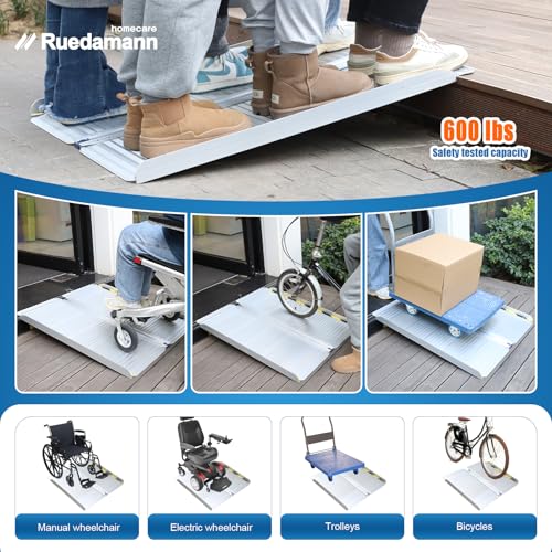 Ruedamann Aluminum Folding Threshold Ramp, 600 Pound Capacity, Anti-Skid Pad, Webbing Handle, Anti-Collision Mute Pad for Wheelchairs, Steps, Stairs, Curbs, Doorways (28.7 Inch Wide, 6 FT, Pack of 1)