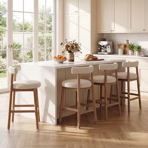 Juego de 4 butacos altos para barra Christopher Knight Home Anny, asiento redondo tapizado en tela bouclé, estructura de madera de caucho, con reposapiés, color natural + beige miniatura 4