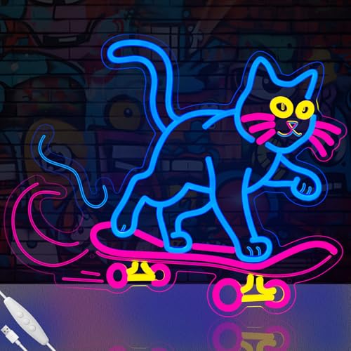 Image of Cute Cat Neon Sign, Skateboard Neon Signs for Wall Decor Dimmable USB Room Decor for Teen Girl, Party, Bedroom, Pub, Furniture, Gifts for Birthday, Christmas (Cool Cat-Blue)