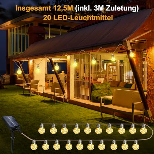 Goffii Solar Lichterkette Aussen Wasserdicht Mit 20 G40 Glühbirnen 12.5M Helligkeit Dimmar 8 Modi Lichterketten Außen Glühbirnen für Gärten Terrasse Balkon Party Hochzeit Deko Outdoor, Warmweiß