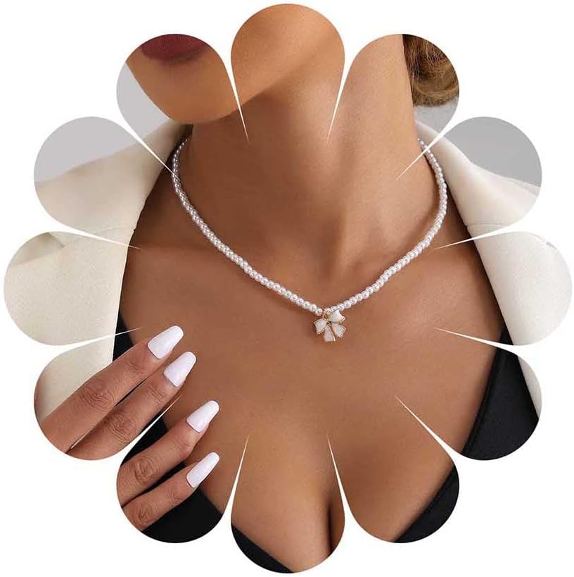 Boho Bow Pearl Choker Necklace White Pearl Necklace Chain Acrylic Bow Pendant Necklace Pearl Bead Collar Necklace Small Bowknot Necklace Jewelry for Women