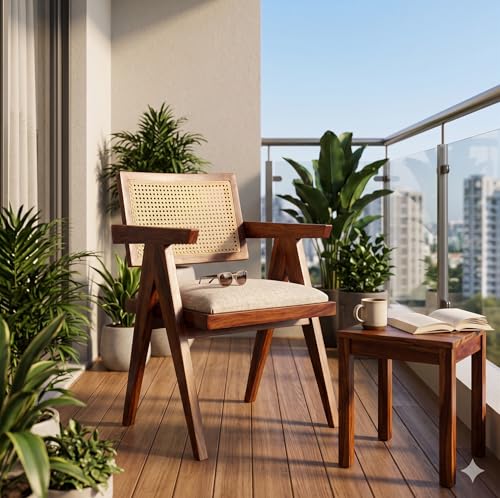 Image of Solid Sheesham Wood Cane Arm Chair with Cushion | Handmade Rattan Accent Chair for Living Room, Balcony, Bedroom & Cafe | Wooden Lounge Armchair | Honey Brown