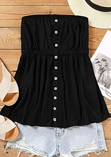 FECAFO Button Strapless Bandeau Tank Women Sleeveless Backless Tube Tops Pleated Summer Casual Holiday Tanks Shirt Blouse2