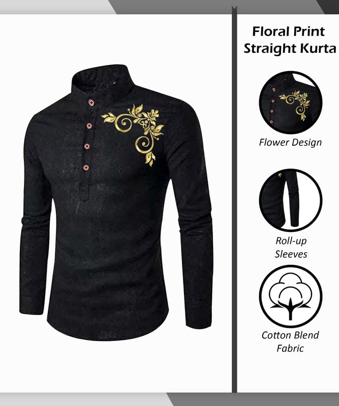Image of DEELMO Men's Full Sleeve Short Kurta Shirt with a Trendy Mandarin Collar Crafted from a Premium Cotton Blend for Comfort Ideal for Casual and Semi-Formal Occasions