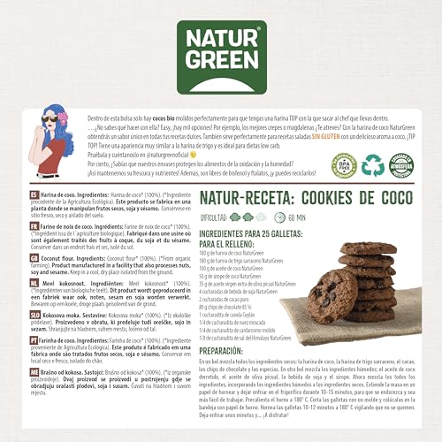 Miniatura 4 de Naturgreen - Harina De Coco Bio, Harina Ecológica Sin Azucar, Sin Gluten Sin Huevo, Dieta Keto, Especial Repostería, 500 Gramos