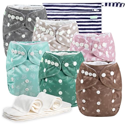 Image of Wegreeco Cloth Diapers 6 Pack with Inserts & Wet Bag, Washable Reusable Diapers for Babies, One Size Adjustable (Palm)