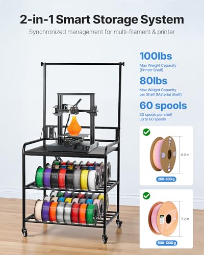 Image of VEVOR 3D Printer Filament Storage Rack with Power Strip, 3-Tier Stand with Filament Storage, Spools Holder Racks Cart with Wheels, Filaments Organzied for 3D Printing Station, Workshop (Shelf Only)