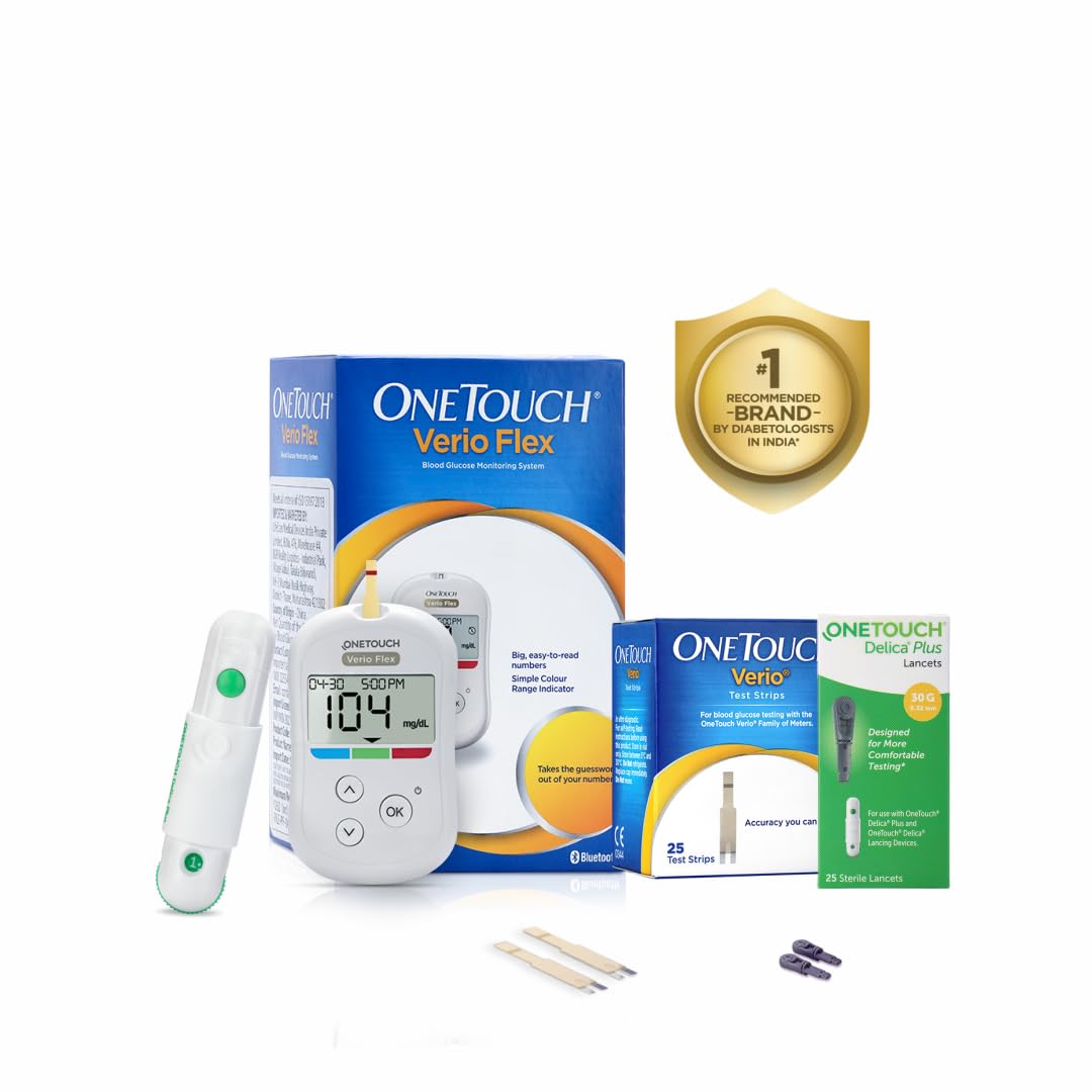 OneTouch Verio Flex glucometer with 25 Test Strips & 25 additional lancets (total 35 sterile lancets) | Sync your results with OneTouch Reveal mobile app| Simple & accurate testing of blood sugar