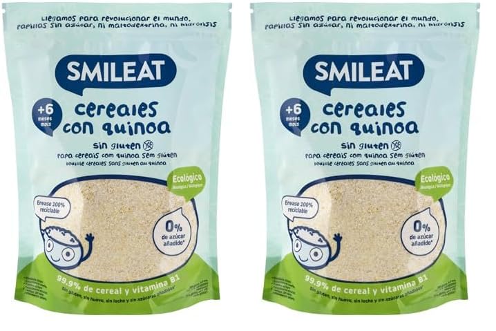 Smileat | Papilla Ecológica de Cereales para Bebés desde los 4 Meses | Con Quinoa, Cerales e Ingredientes Naturales | Sana y Saludable | Sin Azúcar ni Gluten | 1 x 200 g (Paquete de 2)