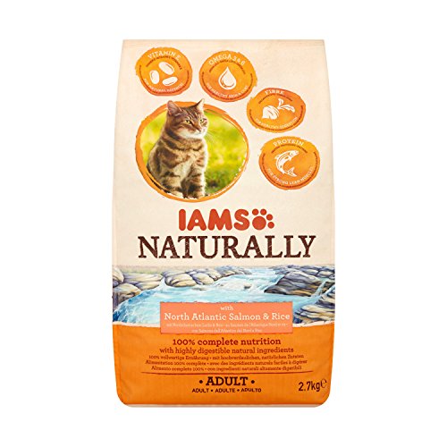 IAMS Naturally Croquettes pour Chat Adulte au Saumon d'Atlantique du Nord & Riz 2,7 kg - Pack de 3