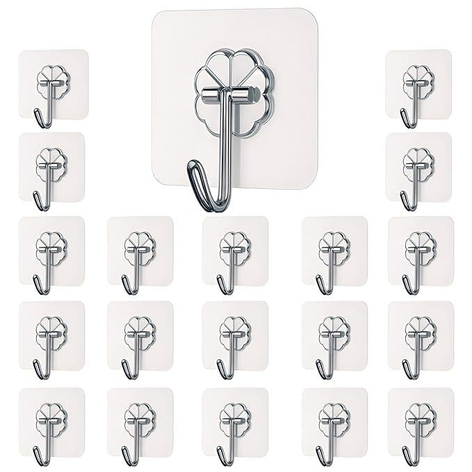 Plastic Wall Hook, Transparent, Self-Adhesive Wall Mount, Heavy Duty, 20-Pack for Home & Kitchen Organization-image-41