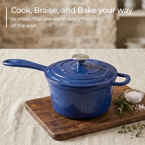 Image of Lifelong Enamel Cast Iron Saucepan with Lid (1.9L, 20cm) | Oven, Gas & Induction Compatible | Slow Cooking, Even Heat Distribution, Non-Toxic, Durable, Naturally Nonstick, No Stains or Scratch (Blue)