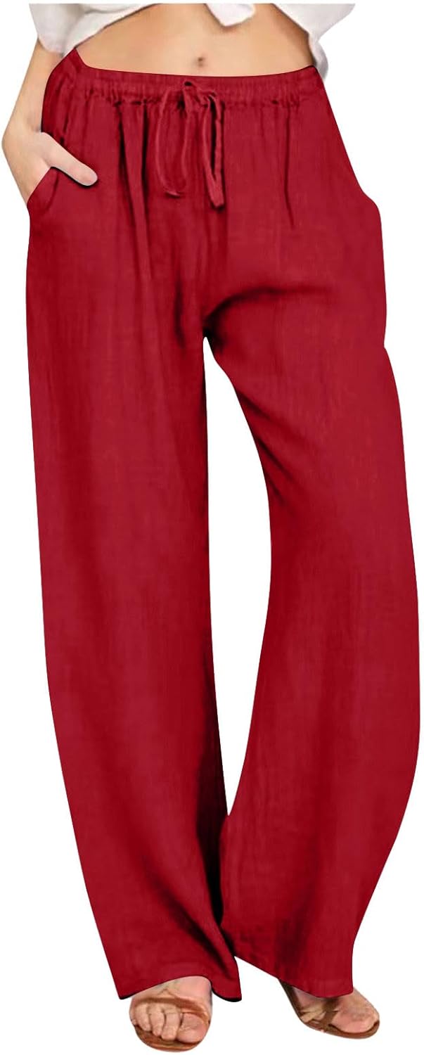 Semilar Generic Linen Wide Leg Pants for Women Trendy Casual Drawstring High Waist Pant Loose Lightweight Long Palazzo Trousers E-red Small