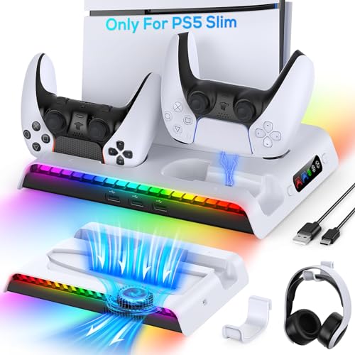 FYOUNG Soporte vertical para consola PS5 Slim con ventilador y estación de carga del controlador, soporte de refrigeración multifuncional para PlayStation 5 Slim accesorios con luz 9RGB (solo para PS5
