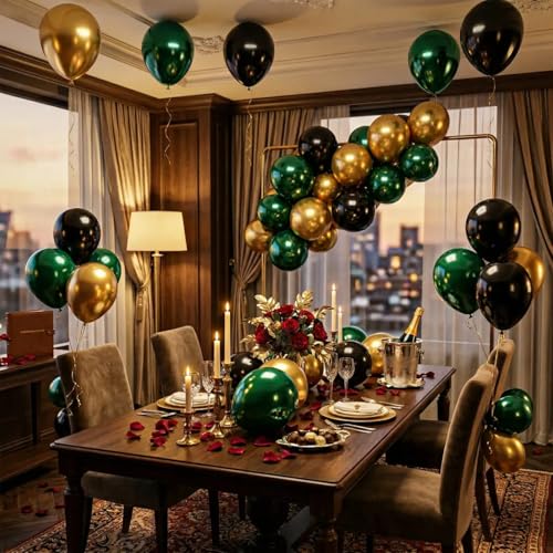 Image of Hiquaty Green and Gold Balloons,60pcs Dark Green Balloons,12 inch Gold Balloons and Black Balloons with Gold Ribbon for St. Patrick's Day Party Wedding Bridal Shower Decorations