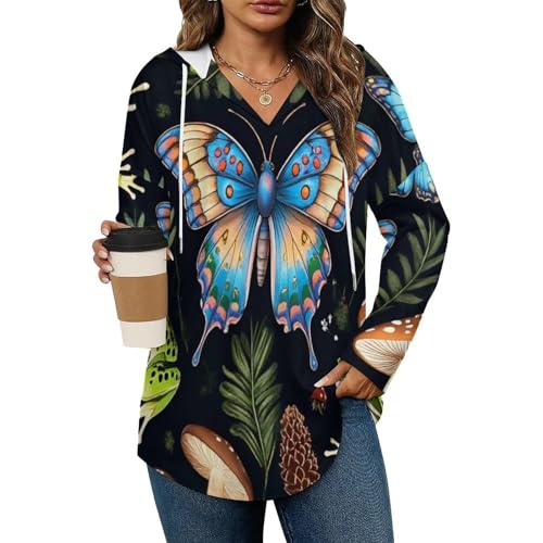 Women's Long Sleeve Hoodie Shirts Blouses Bodysuit V Neck Goth Moon Frogs Moth Butterfly Magical Mushroom Leaves Workout Tops 2026