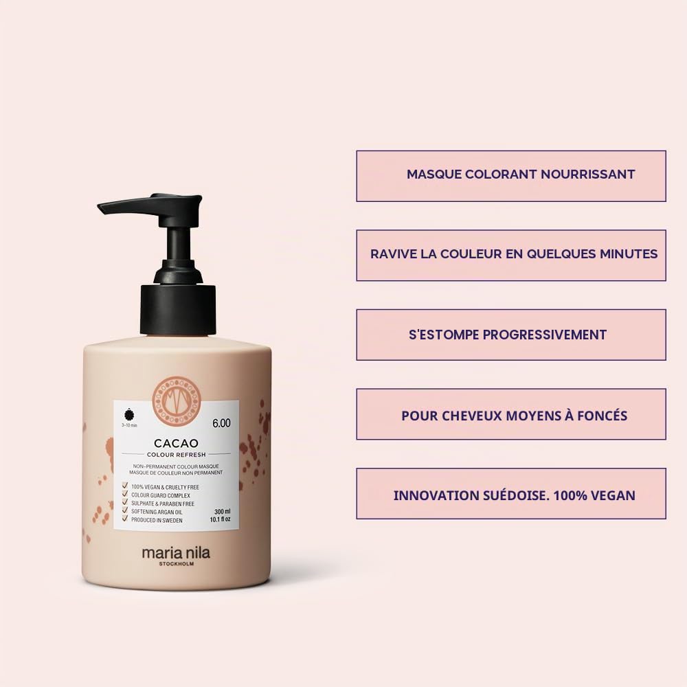 Maria Nila Colour Refresh Cacao 300 ml Masque Capillaire Marron Pigments Semi-Permanents Végan Sans Sulfate Parabène