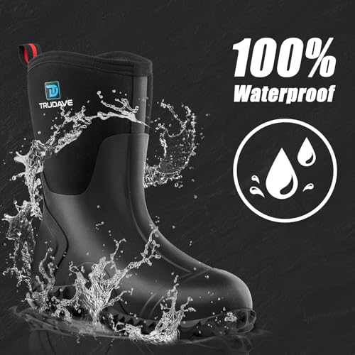Image of Trudave Rubber Boots for Women with Steel Shank, 6mm Neoprene Mid Calf Rain Boots, Waterproof Insulated Mud Work Boots All Season, Size 5-11