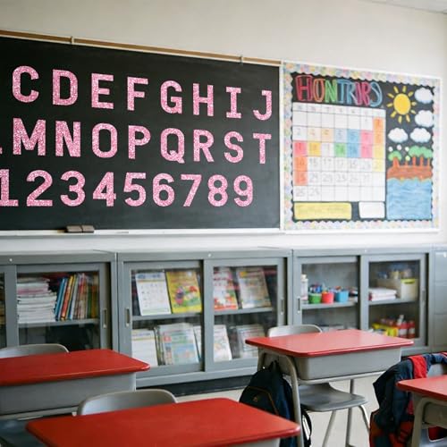 Image of Vuzvuv 295 Pcs Glitter Bulletin Board Letters and Numbers, 4 Inch Classroom Decor with Adhesive Points, Alphabet Cut Outs for School Display (Pink)