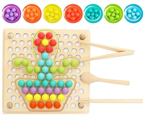 Lauon Toddler Montessori Rainbow Beads Learning Toys, Early Educational Preschool Toy-Wooden Peg Board Games and Puzzles for Kids,Stacking Counting Color Sorting Games, Great Gift for 3 4 5 Years Old