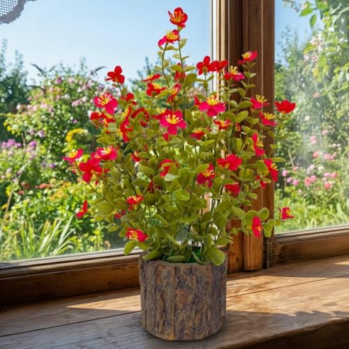Image of Dekorly Artificial Flower Fern Bush in Rustic Wood Pot|35 cm - Lifelike Blossom Faux Plant for Home & Office Decor (Red)