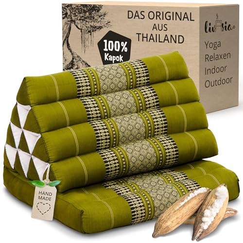 livasia Thaikissen mit 1 Auflage - 75x50x8cm - Dreieckskissen mit Sitzkissen, Keilkissen mit Kapok, Rückenkissen faltbar, Thaimatte zum Klappen,...
