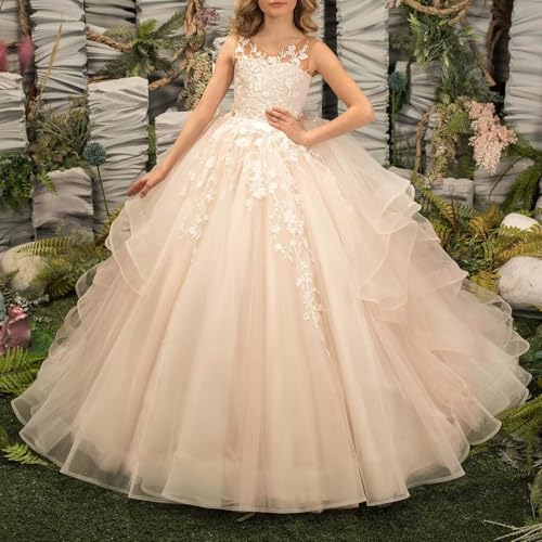 Tulle Princess Sleeveless Pageant Dresses Long Lace Applique Flower Girl Dress Kids Birthday Party Ball Gown3
