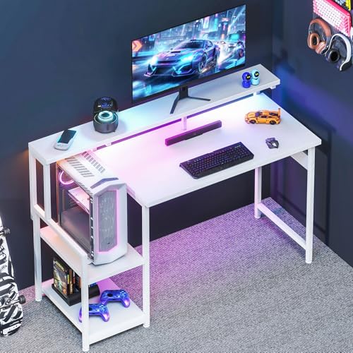 Image of AODK 48 Inch Gaming Desk with LED Lights, Computer Desk with Storage Shelves, Reversible Desk with Monitor Stand, White