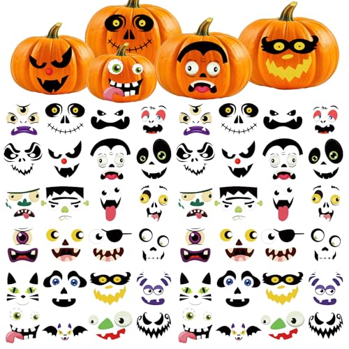 Qpout 48 pacotes autocolantes de decoração de abóbora de Halloween DIY autocolantes de rosto de abóbora de Halloween lindos autocolantes de Halloween decorações de abóbora de Halloween