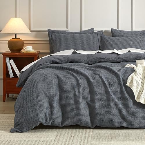 SE SOFTEXLY Waffle Duvet Cover King, 100% Cotton Waffle Weave Bedding Duvet Cover Set, Soft and Breathable Comforter Cover for All Season, 3 Pieces Including Pillow Shams(Dark Grey, 104”x90”)