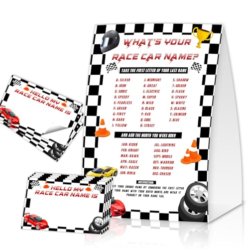 What's Your Race Car Name Game Cards, Birthday Game Supplies, 1 Race Car Name Game Double Sided Sign, 30 pcs Name Stickers for Birthday Party Activities