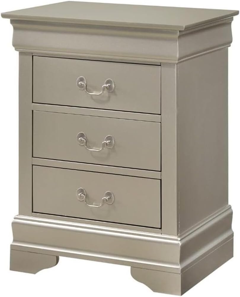 HomeStock Vintage Nightstand with Dovetail Drawers - Traditional Bedroom Furniture Silver Champagne/3 Drawer