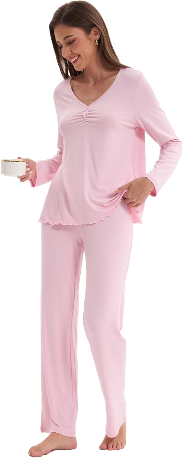 Women's Soft Knit Pajamas Set V-Neck Top and Pants Long Sleeve Two Piece Loungewear Elegant Wavy Hem Sleepwear - Image 2