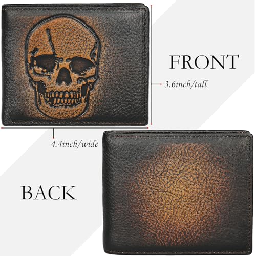 Image of DK86 Skull Bifold Wallet for Men RFID Blocking Full Grain Leather With Hand Burnished Extra Capacity Multiple Card Slots with 2 ID Windows