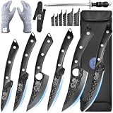XYJ Professional Black Kitchen Knife Set with High-Carbon Steel forged Blades, Chef's Knife, Cleaver, Carving Knife, Nakiri, Full Tang Design, Includes Carrying Bag & Poultry Scissors,Christmas Gifts