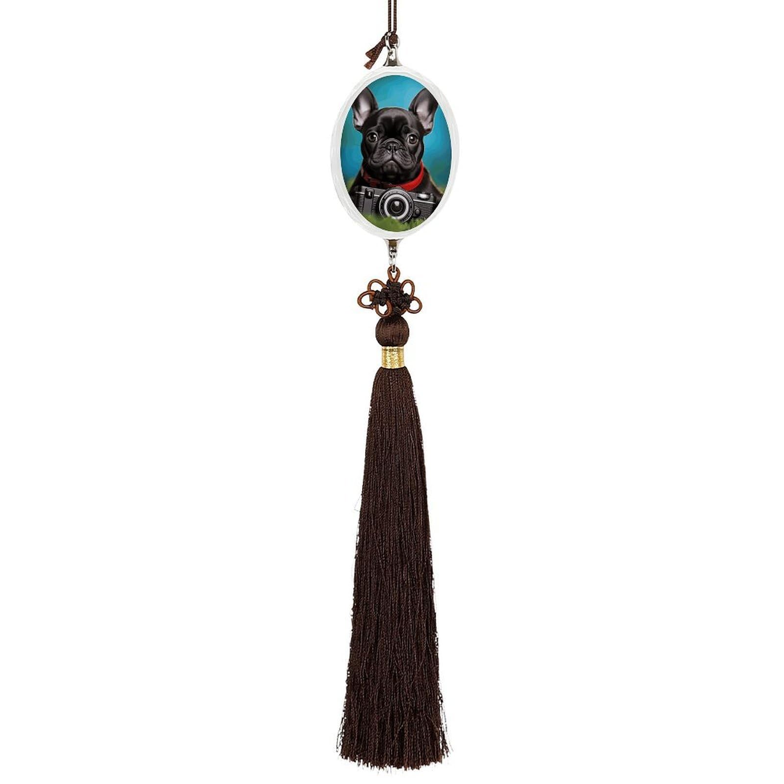 French Bulldog Puppy with Camera Car Pendant Sun Catcher Crystal Ornament for Rearview Mirror, Elegant Car Hanging Ornament with Tassel for Home & Office Decor